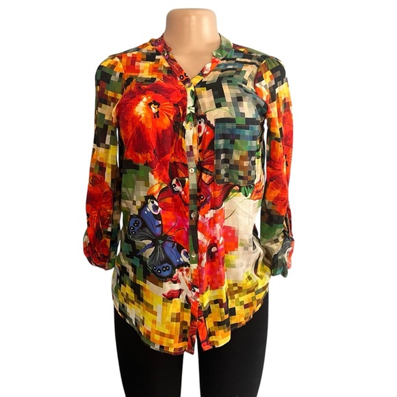 Desigual Camila Tunic Top Button Front Long Sleeve Floral Butterfly - Picture 1 of 8
